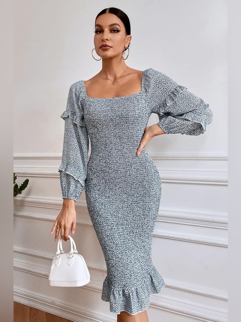 Pretty Garden Blue Long Sleeve Ruffle Dress Midi Square Neck Bodycon Small